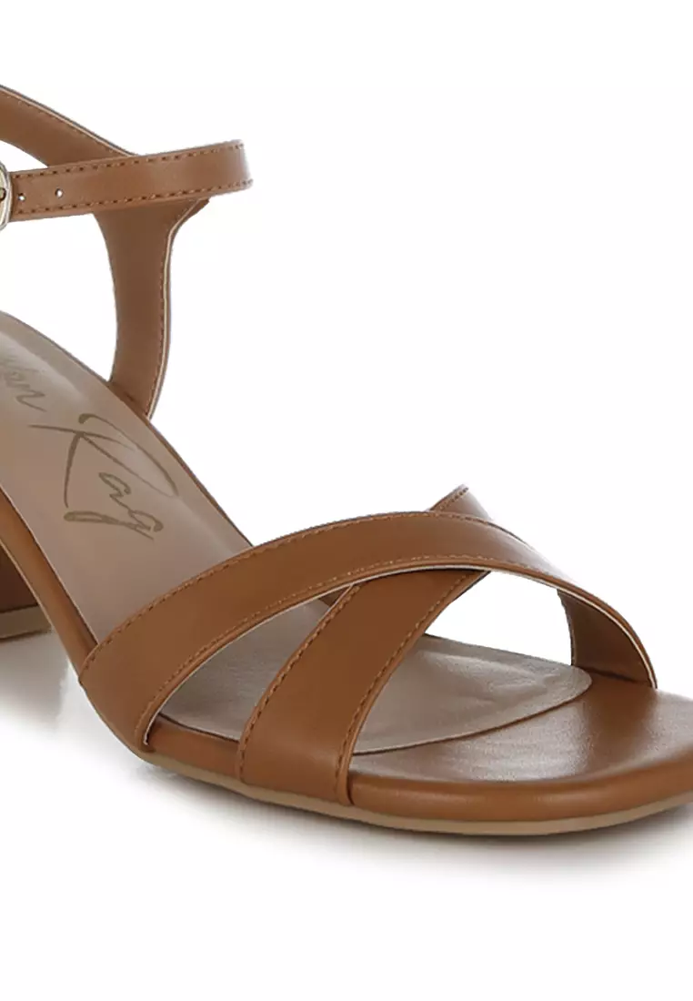 Square Toe Block Heel Sandals in Tan