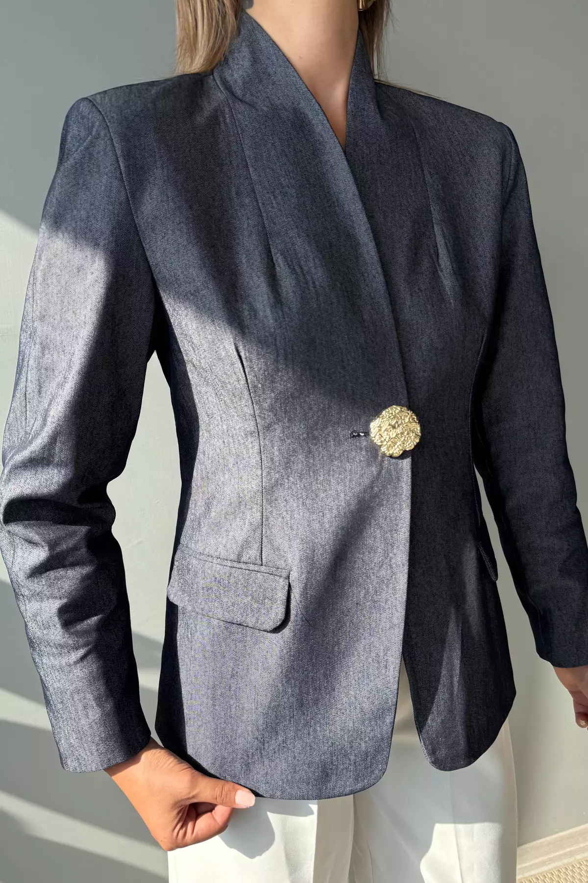 Navy Blue Gold Button Detailed Blazer Jacket