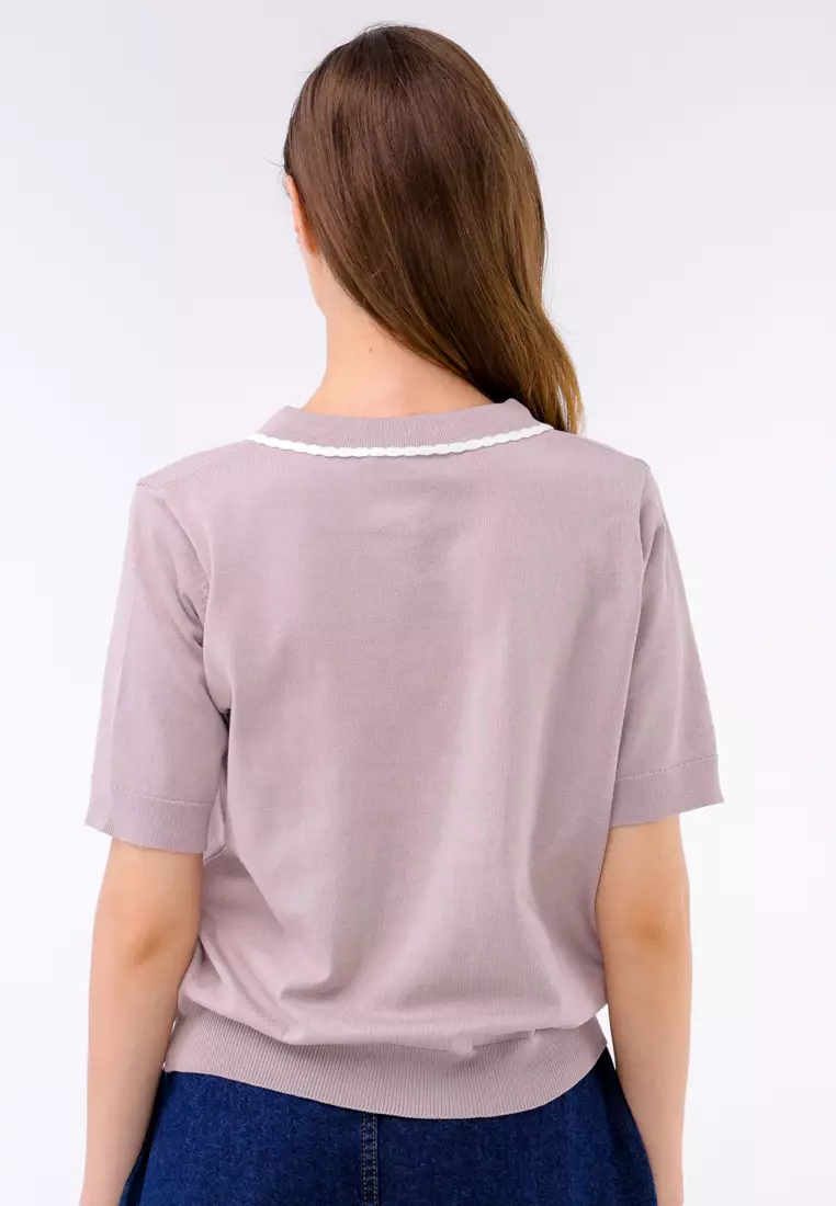 Knitted Plain Short Sleeve Blouse
