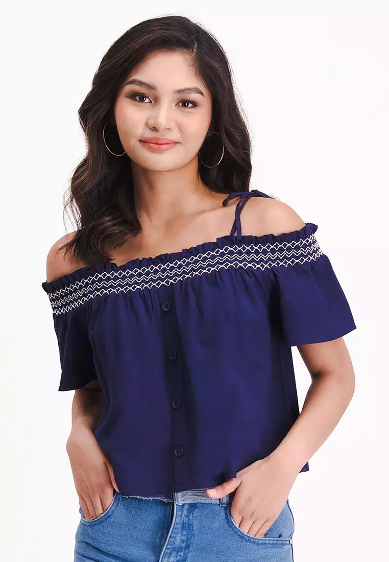 Dark blue off the shoulder top outlet