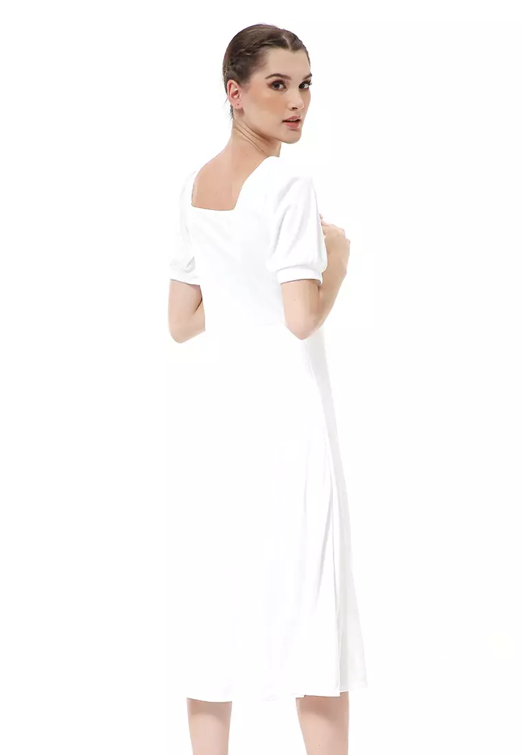Rachel Long Dress Wanita Lengan Pendek Motif Polos Material Cotton ORIGINAL - White