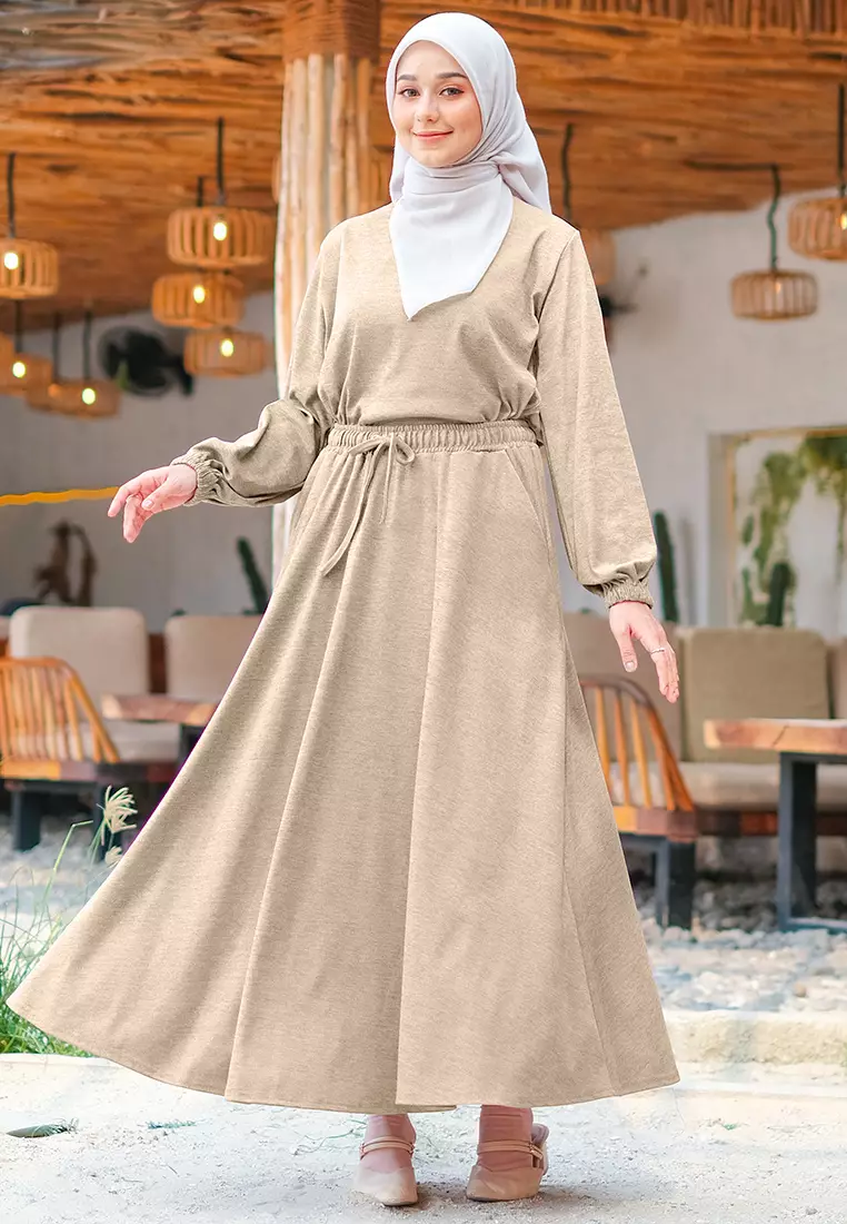 JV Hasanah Set Rok Baju Kurung Corduroy Mocca | Setelan Rok Kaos Jumbo