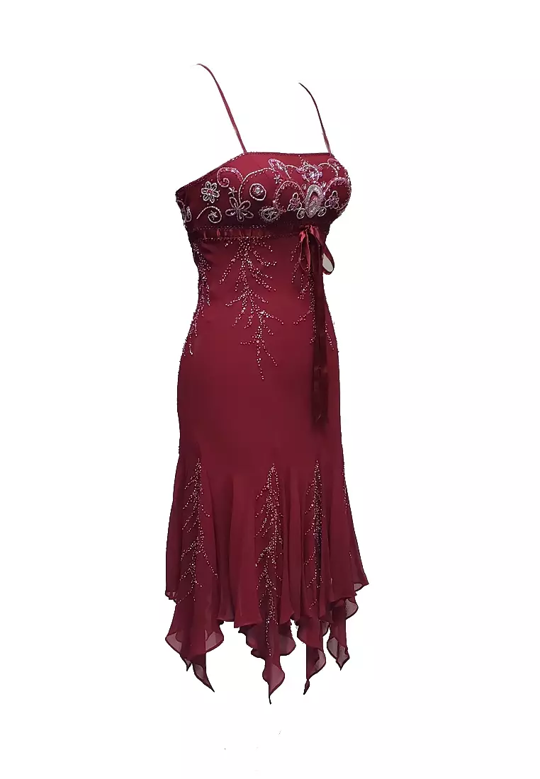 真絲雪紡釘珠不規則裙擺派對連衣裙