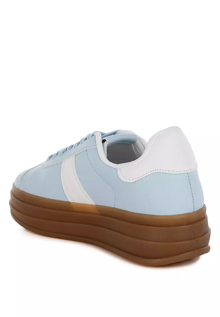 Faux Leather Lace-Up Sneakers in Light Blue