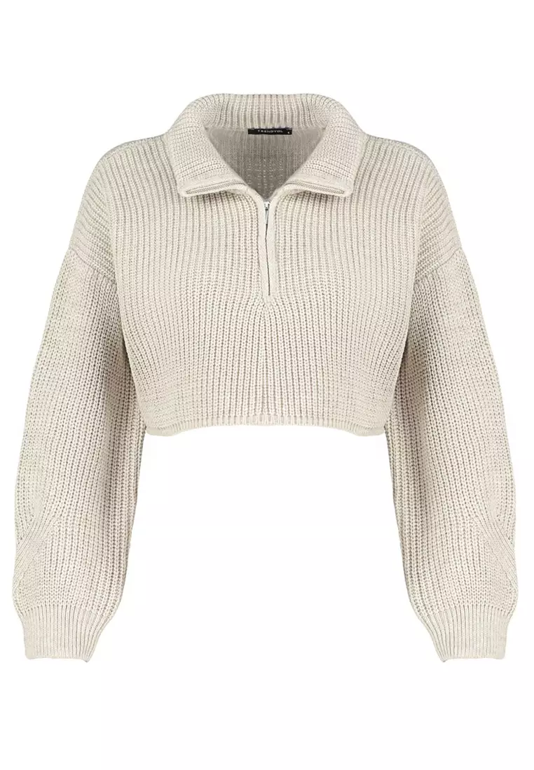 Cropped Zip Up White Sweater Half-Zip Crop Sweater