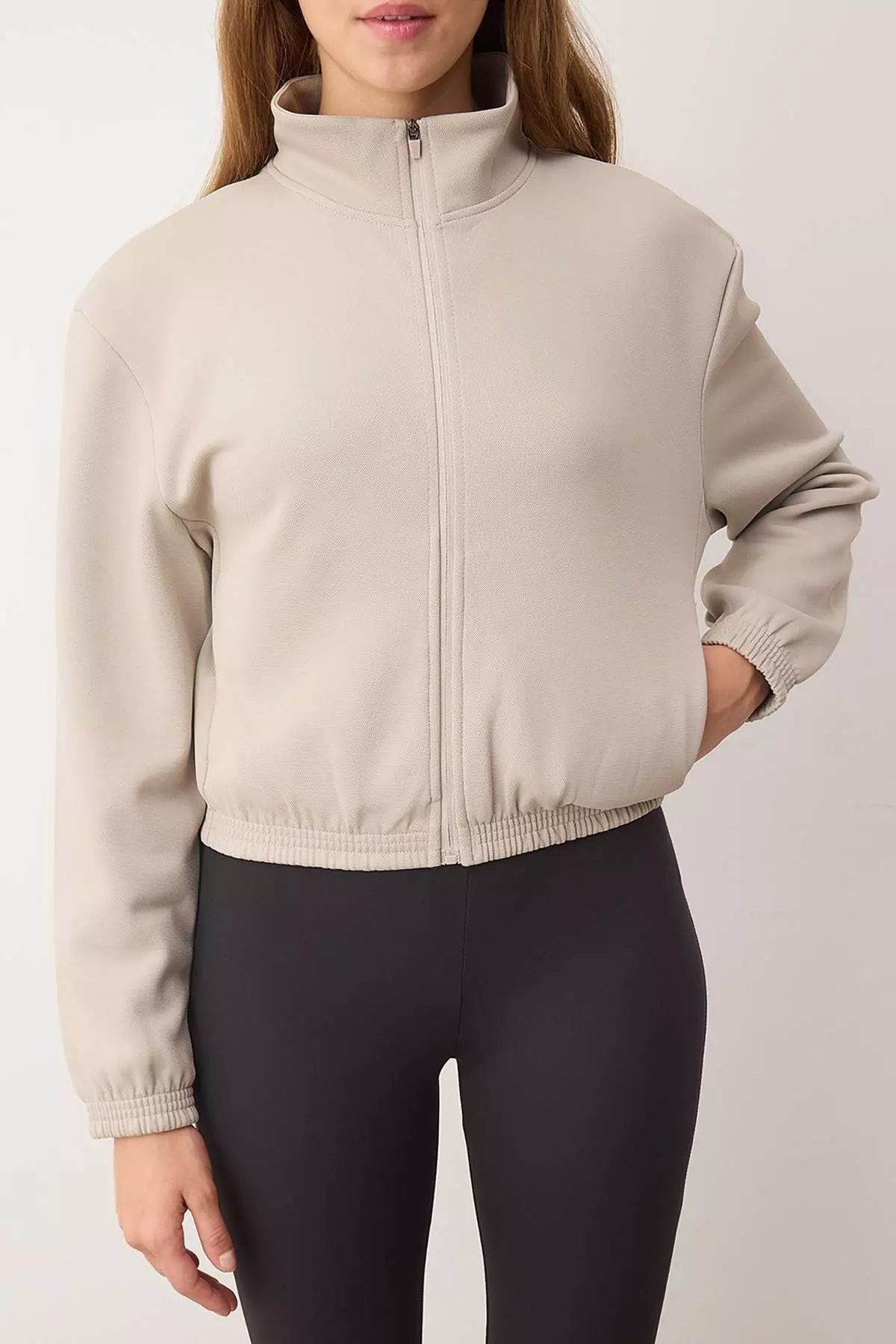Beige Interlock Knitted Sports Jacket Thmaw26Sk13