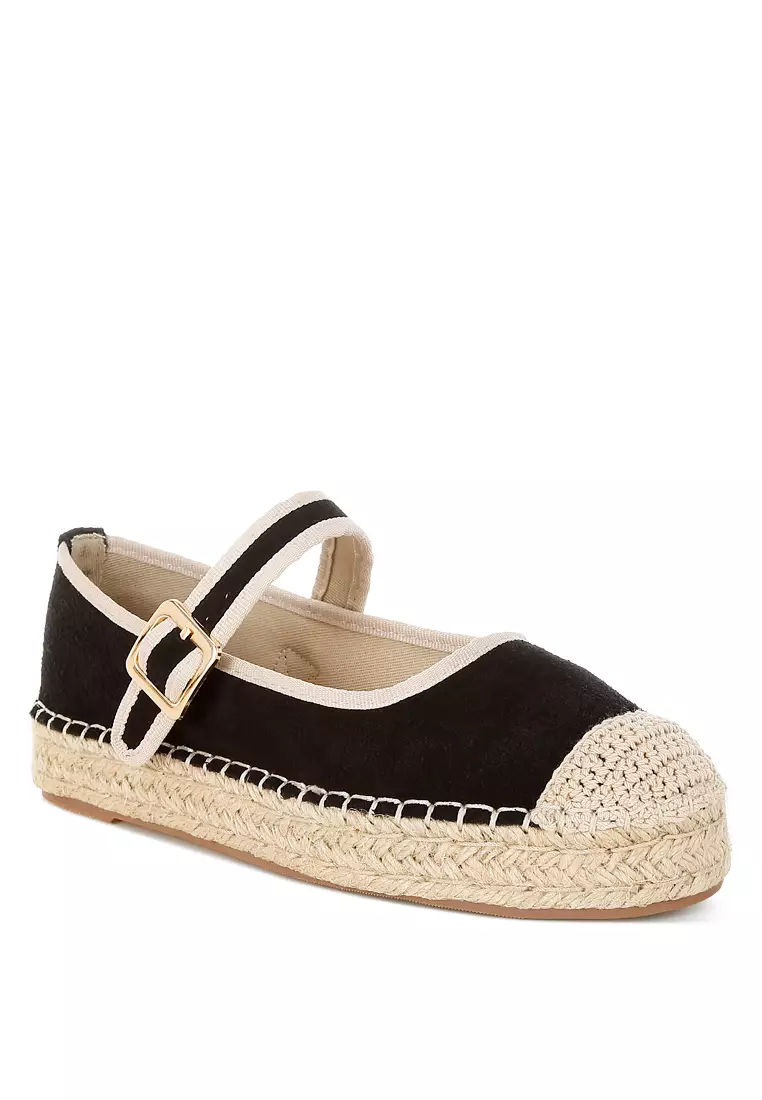 Sepatu Espadrilles Mary Jane Kulit Suede Lembut Warna Hitam