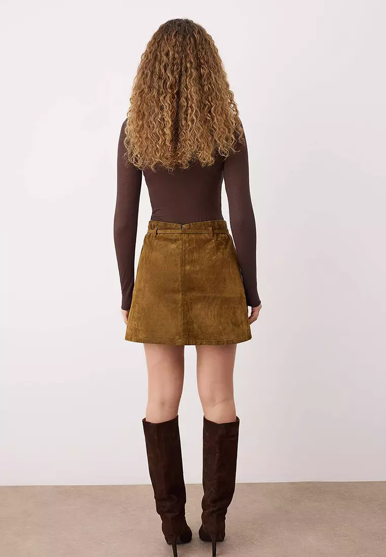 Camel Suede Look Belt Detailed Mini Denim Skirt