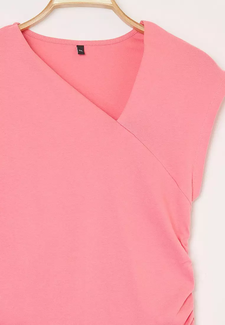 Pink Soft Fabric Asymmetrical Collar 100% Cotton Knitted Plus Size Blouse Tbbss25Af00002