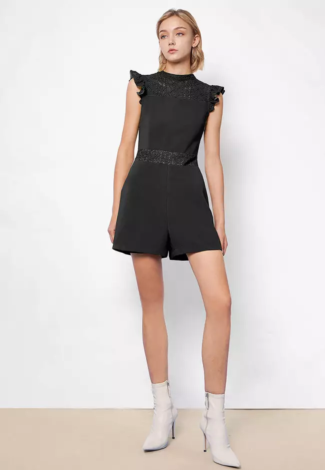 High Neck Lace Panel & Trim Romper