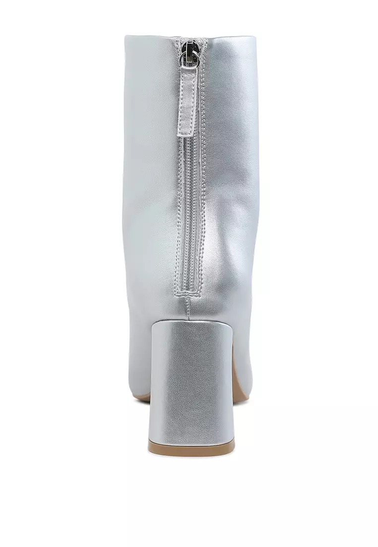 Square Toe Metallic Ankle Boots in Metallic Silver Pu