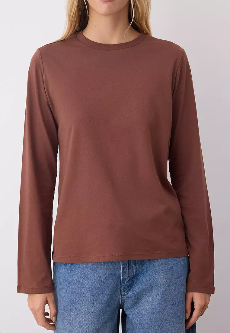 Black-Ecru-Brown 3-Pack 100% Cotton Crew Neck Long Sleeve Oversize/Wide Cut Knitted T-Shirt