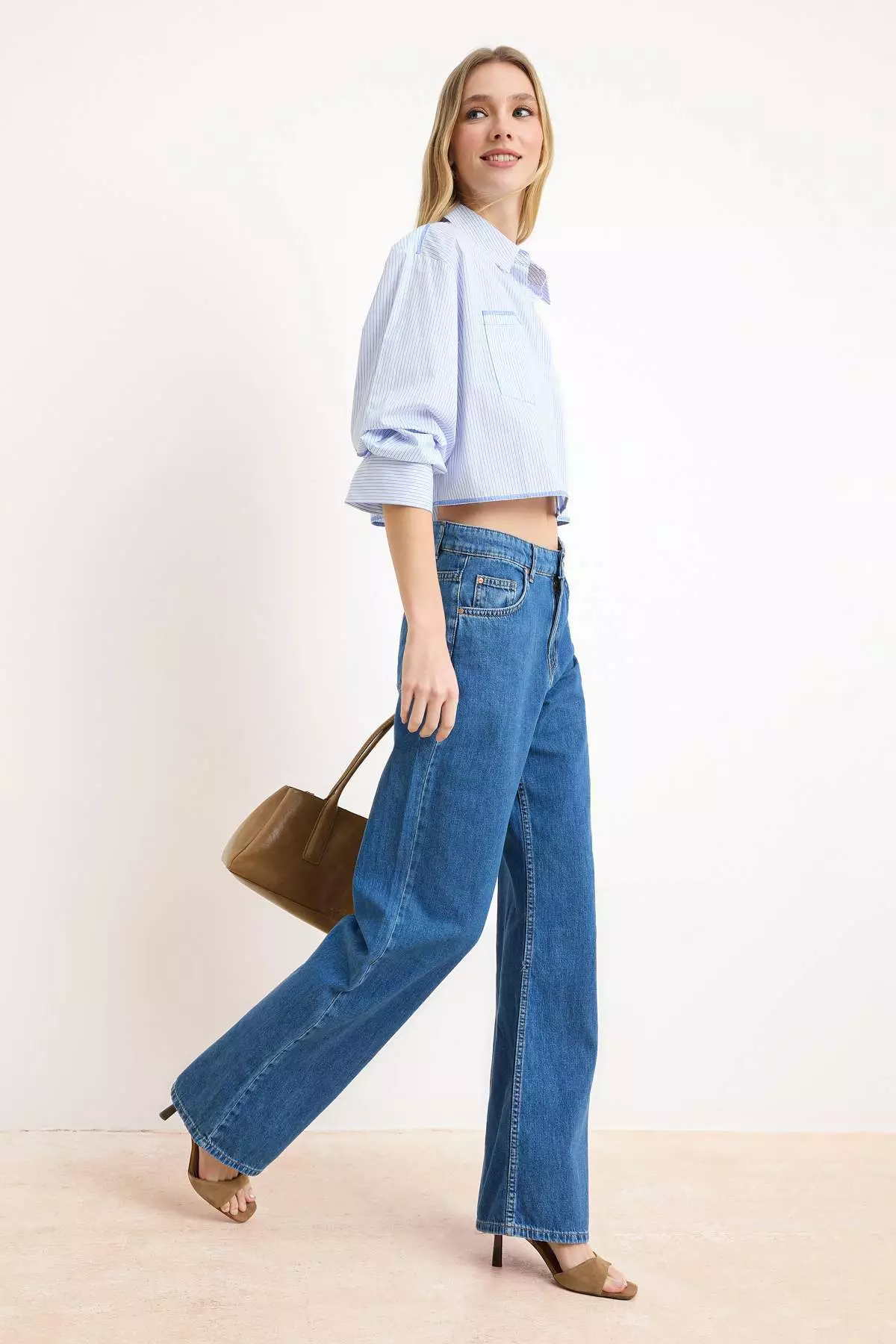 Blue Drafted High Waist Seasonal 1% Cotton Long Length Wi Wide Leg Eans Twoss26Je127