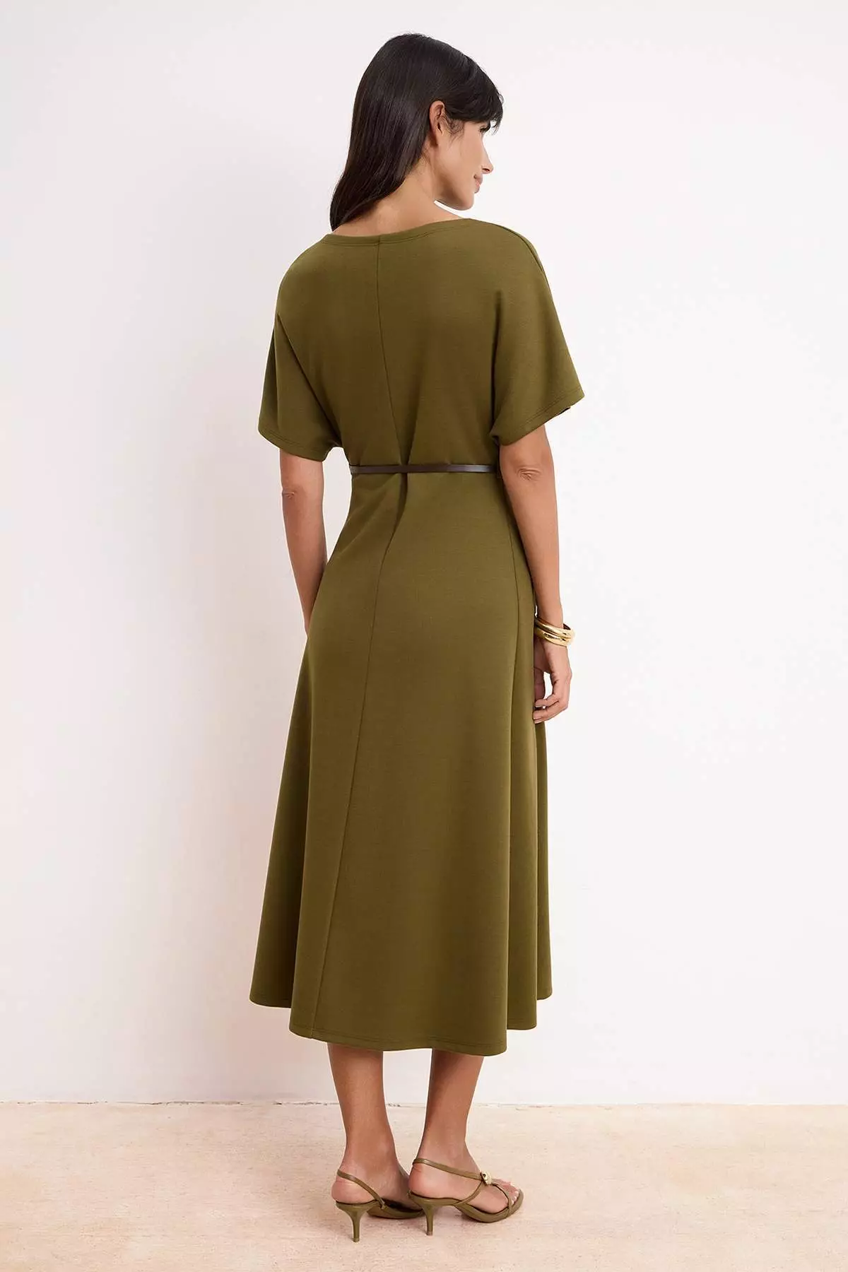 Khaki A-Line/A Bell Form Boat Neck Short Sleeve Belted Midi Interlock Knitted Dress Twoss26El17