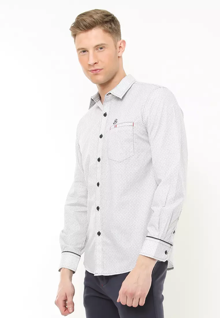 Johnwin Slim Fit - Kemeja Casual - Motif Kotak Kecil - Warna Putih