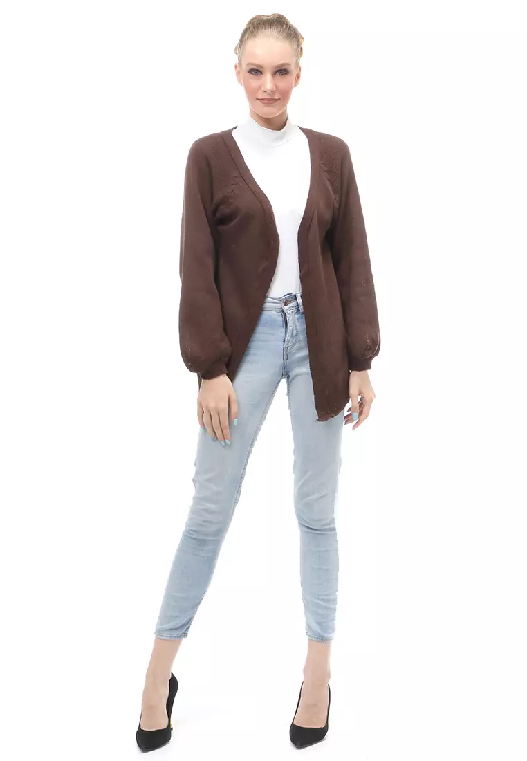 Cardigan Fashion Wanita Loose Fit Design Kasual Premium Quality - Coklat Tua