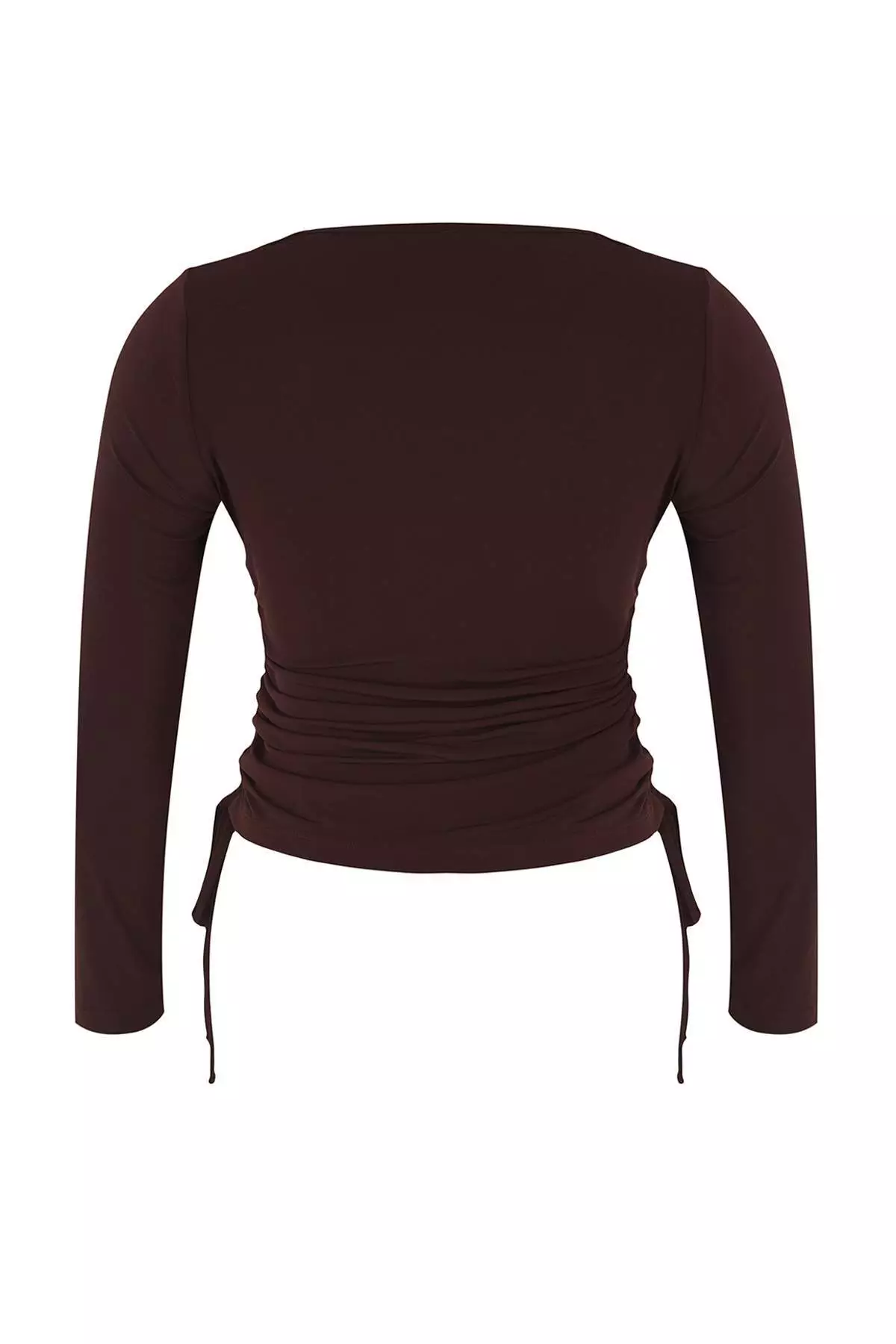 Brown Square Neck Side Gathered Knitted Plus Size Blouse