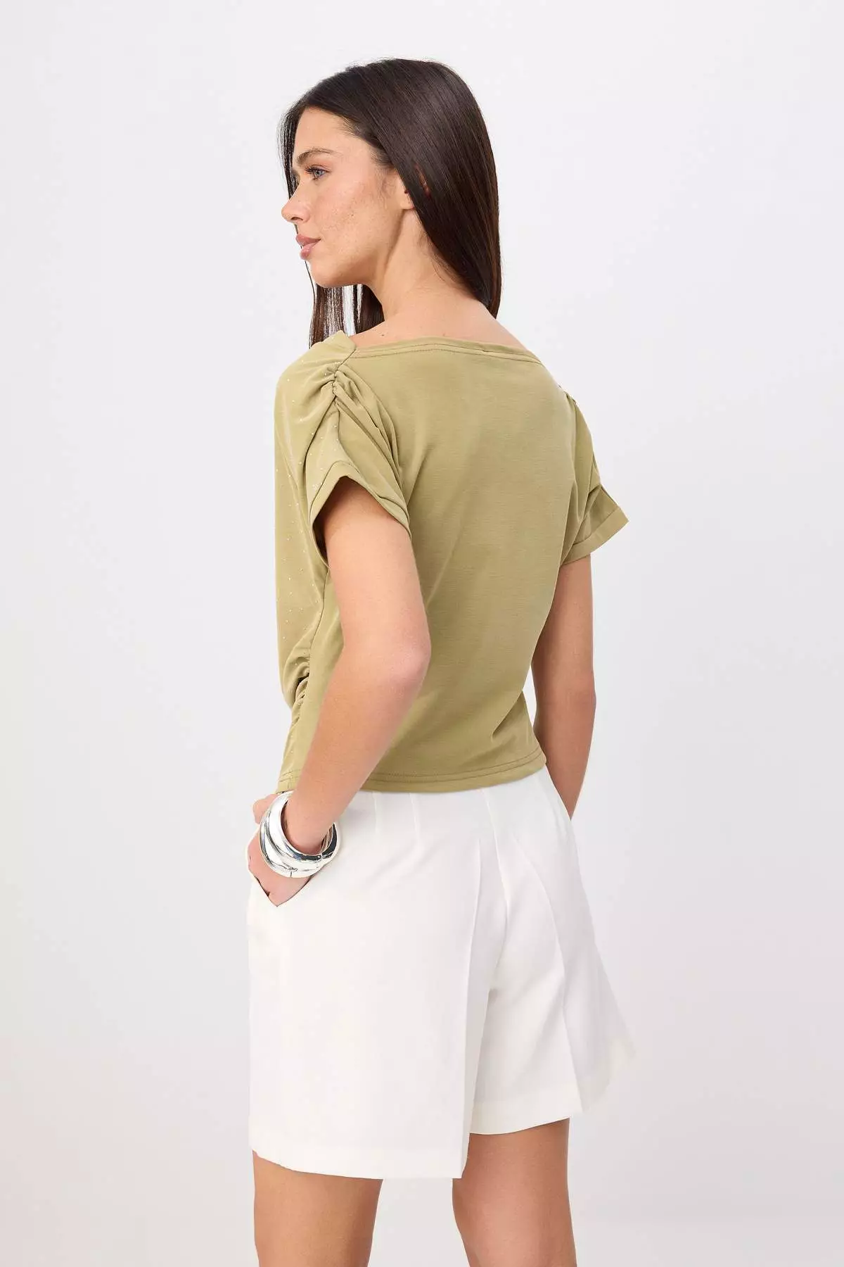 Oil Green Premium Lyocell Content Soft Knitted Blouse With Degaje Collar Stone Detail Twoss26Bz00714