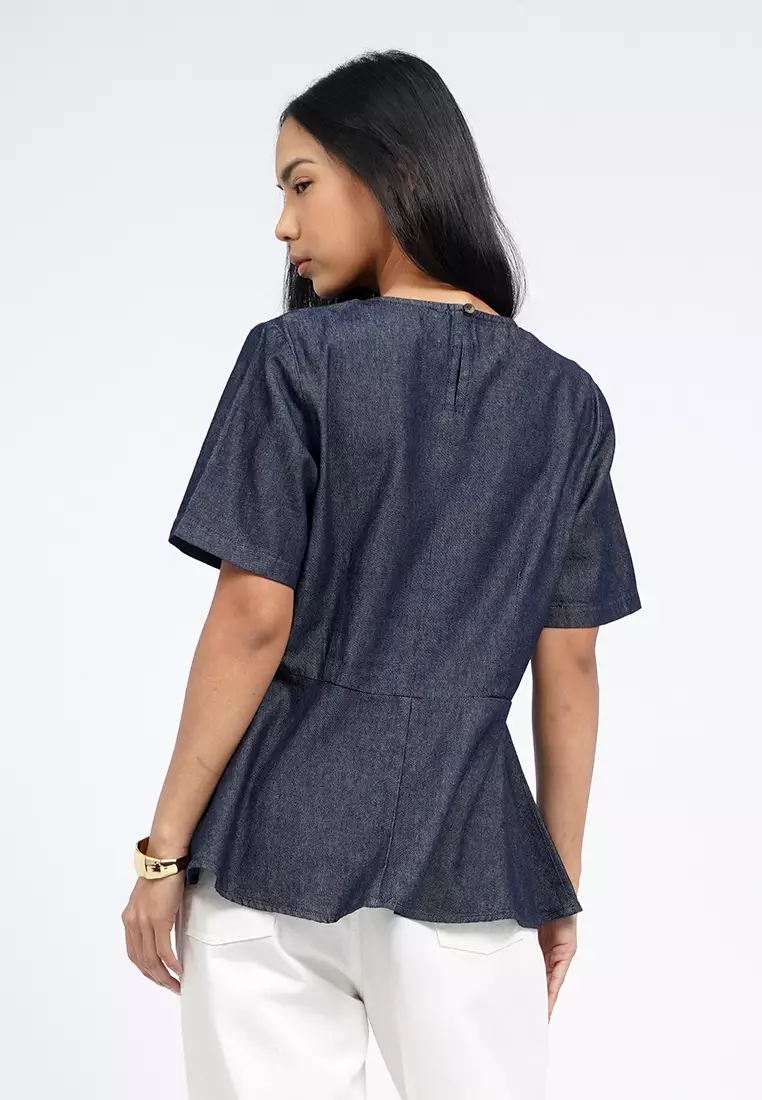 Round Neck Peplum Denim Top