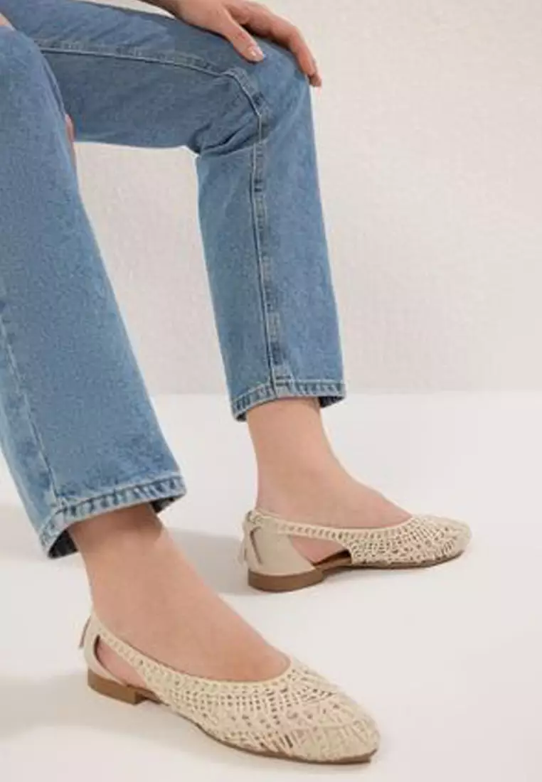 Beige Knitted Patterned Almond Toe Women's Ballerina Ballerina Takss25Be00027