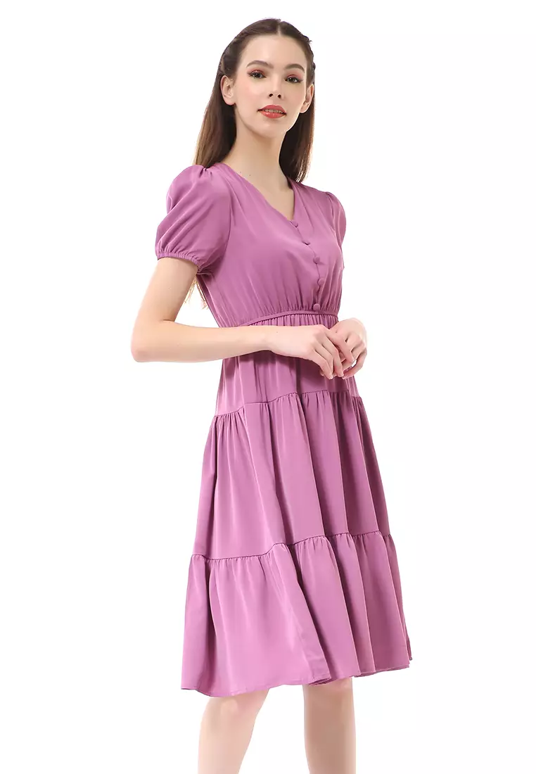 Rachel Ruffle Dress Wanita Lengan Pendek Motif Polos Material Ployester ORIGINAL - Purple
