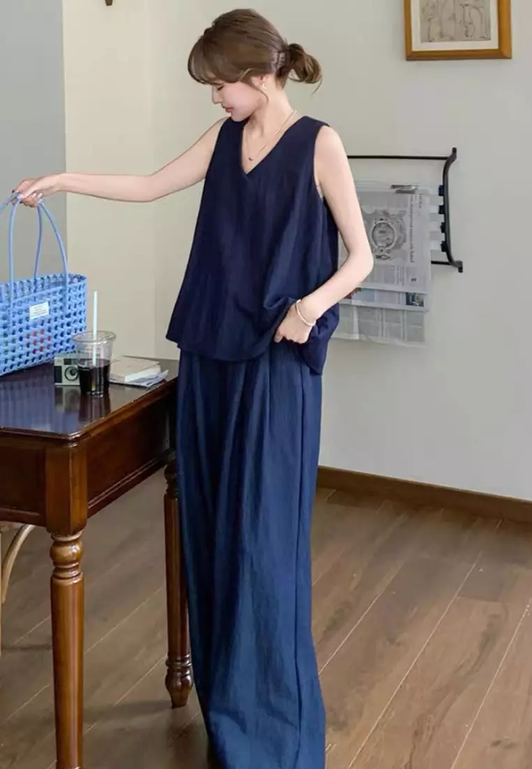 Navy blue sleeveless top and wide-leg pants set CA26041051BL