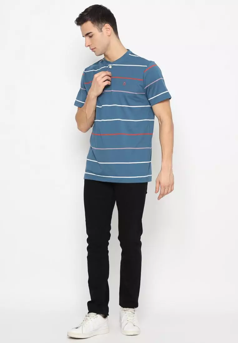 MATSUDA Kaos Pria T Shirt Henley Stripe Natori