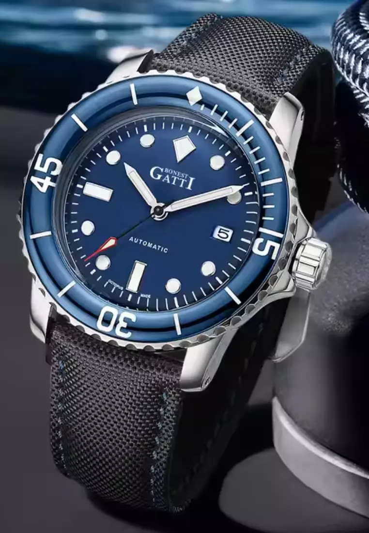 自動中性不鏽鋼手錶，皮革錶帶