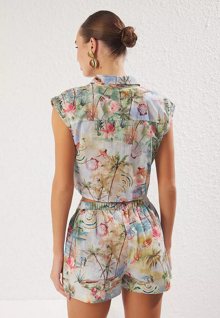 Beach Wear Tropical Patterned Flamed Cotton Shirt Shorts Set