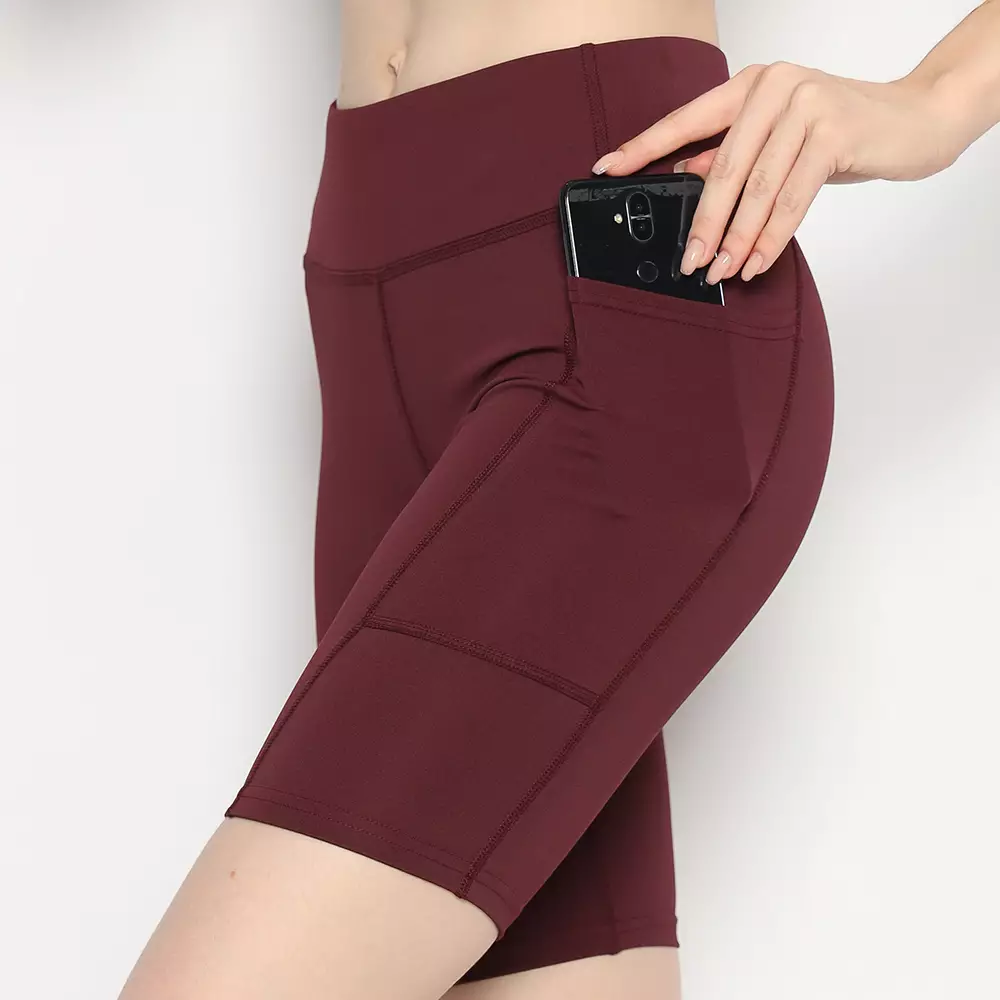 Fitwear - Celana / Legging Pendek Olahraga Wanita KARINA BASIC POCKET MEDIUM WAIST - BURGUNDY