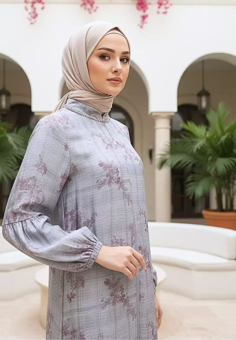 Gamis Wanita Motif Floral Stone Blue Premium Dress Muslimah Elegan Lengan balon By Brilliant Girl Warna BIRU