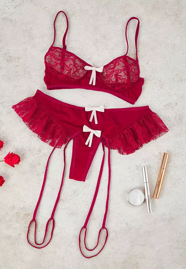 Burgundy Ribbon Detailed Leg Banded Ruffle Coverless Lace Fantasy Lingerie Set