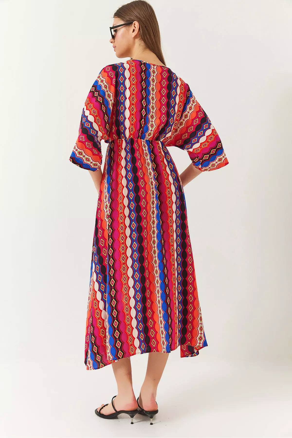 Women's Double Breasted V Neck Front Slit Detail Print Dress 60261411