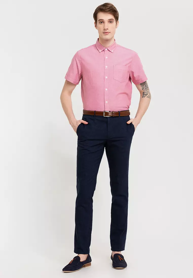 Woven Short Sleeves Casual Oxford Pea Shirt