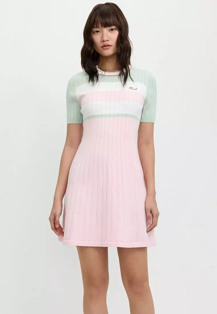 Short Sleeve Color Block Round Neck Ribbed Dress - Pink