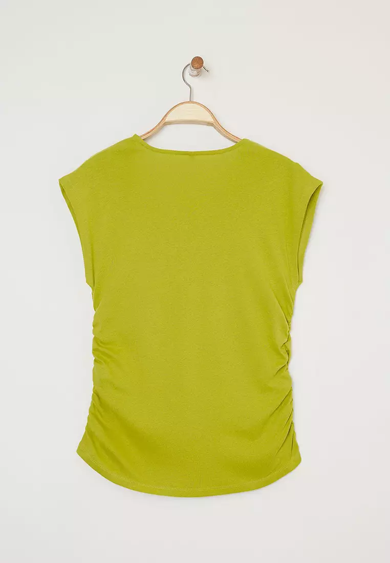 Oil Green Soft Fabric Asymmetrical Collar 100% Cotton Knitted Plus Size Blouse TBBSS25AF00002