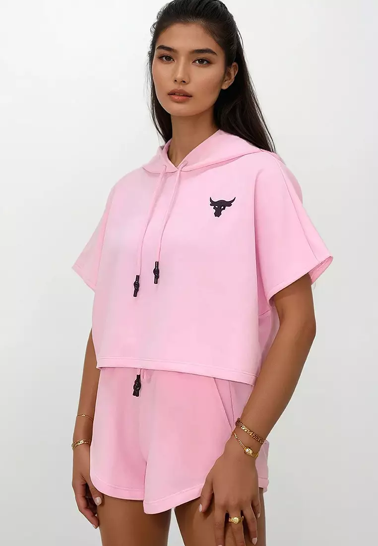Buy Alacati Women's Pink Hooded Crop Sweatshirt And Shorts Set Alc