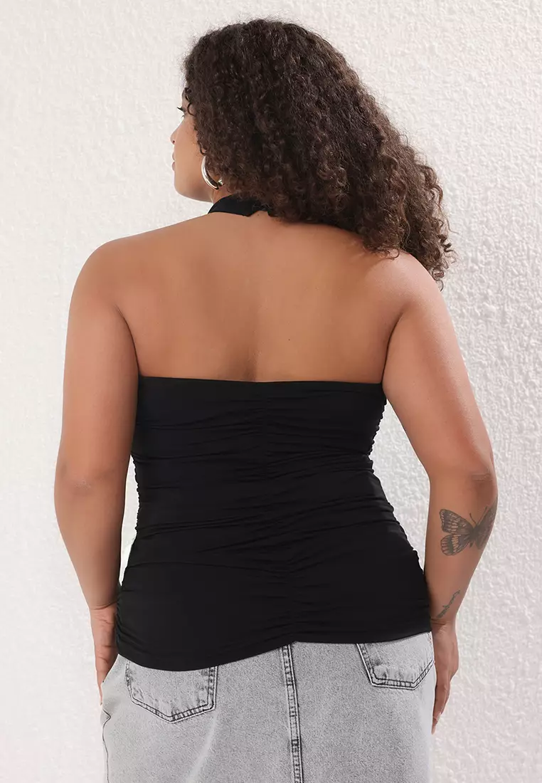 Black Halter Neck Shirred Sandy Knitted Plus Size Blouse Tbbss25Af00111