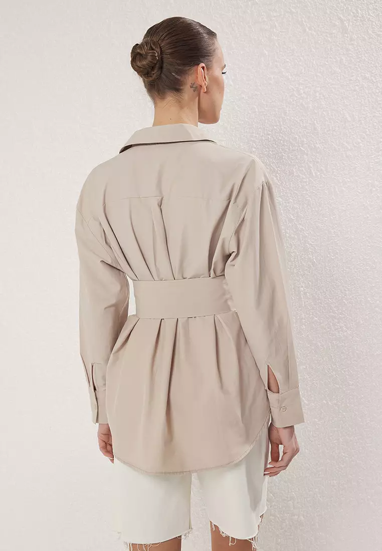 Stone Belt Detail Oversize Wide Pattern Woven Shirt TWOAW25GO00025