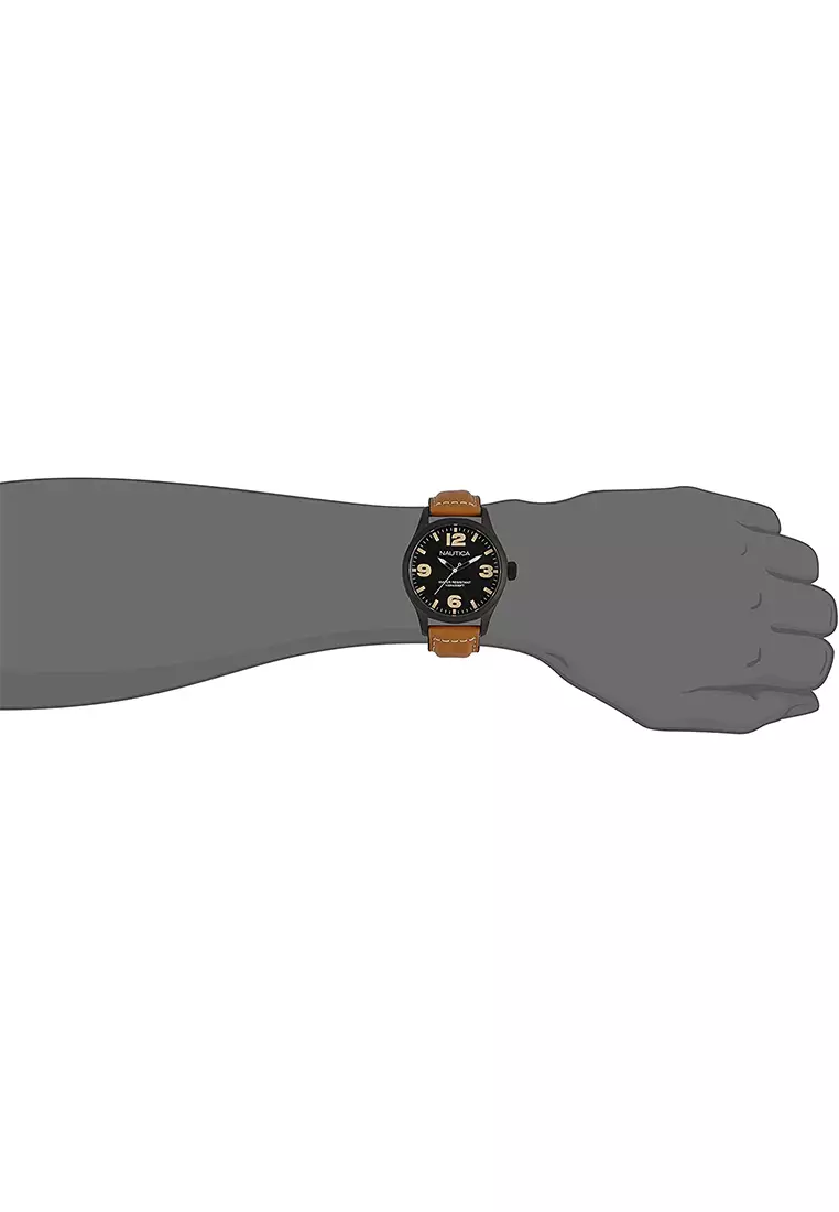 Nautica - Jam Tangan Pria - Black - Brown Leather Strap - A13614G