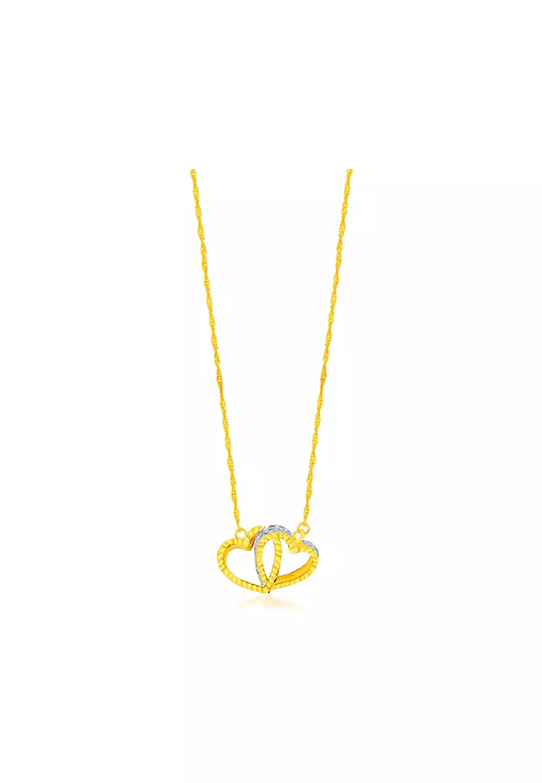 375/9K Gold Double Heart Interlocking Pendant Necklace Set R182A
