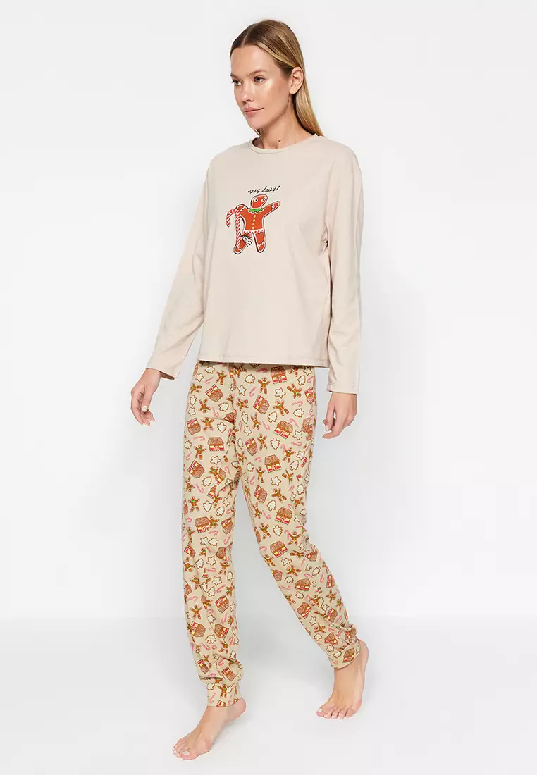 Cream 100% Cotton Christmas Themed Knitted Pajama Set THMAW24PT00061