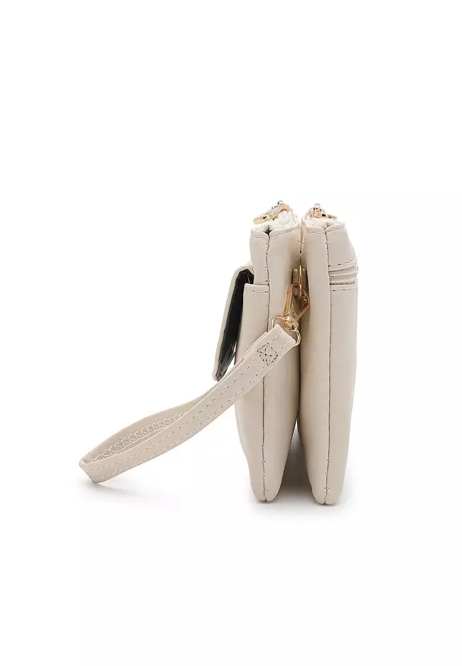 Faux Leather Sling Bag / Crossbody Bag / Wristlet - Beige