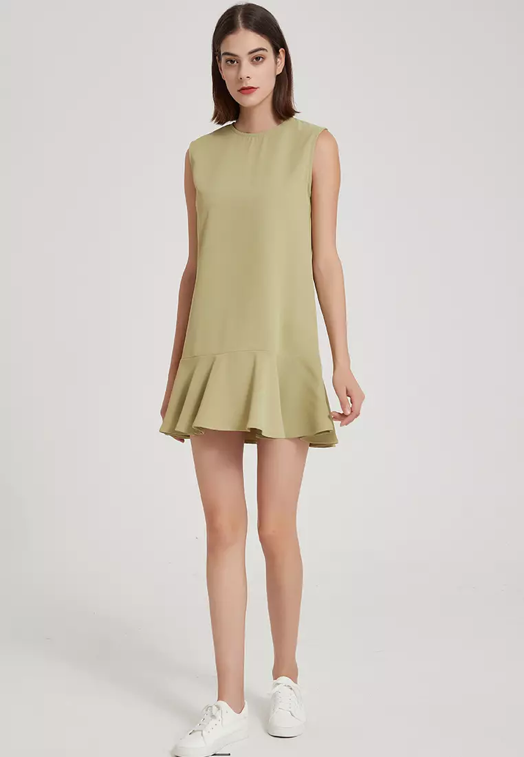 时尚气质高端简约无袖圆领荷叶边背心连衣裙经典纯红哑光缎面连身裙 B22041208GR