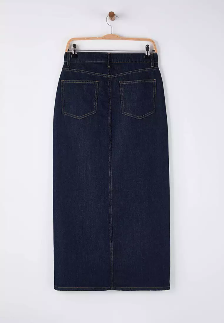 Dark Blue Slit Maxi Denim Skirt Twoaw26Et144