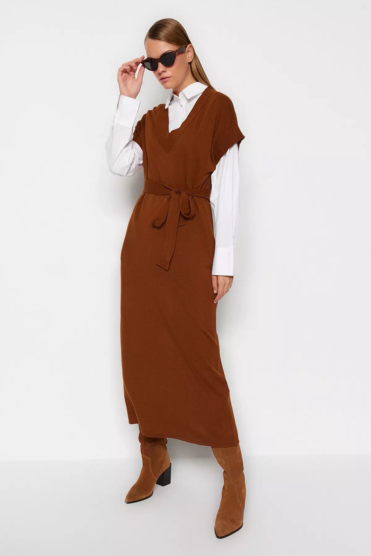 Buy Trendyol Dark Brown Belted Long Knitwear Sweater Dress Online