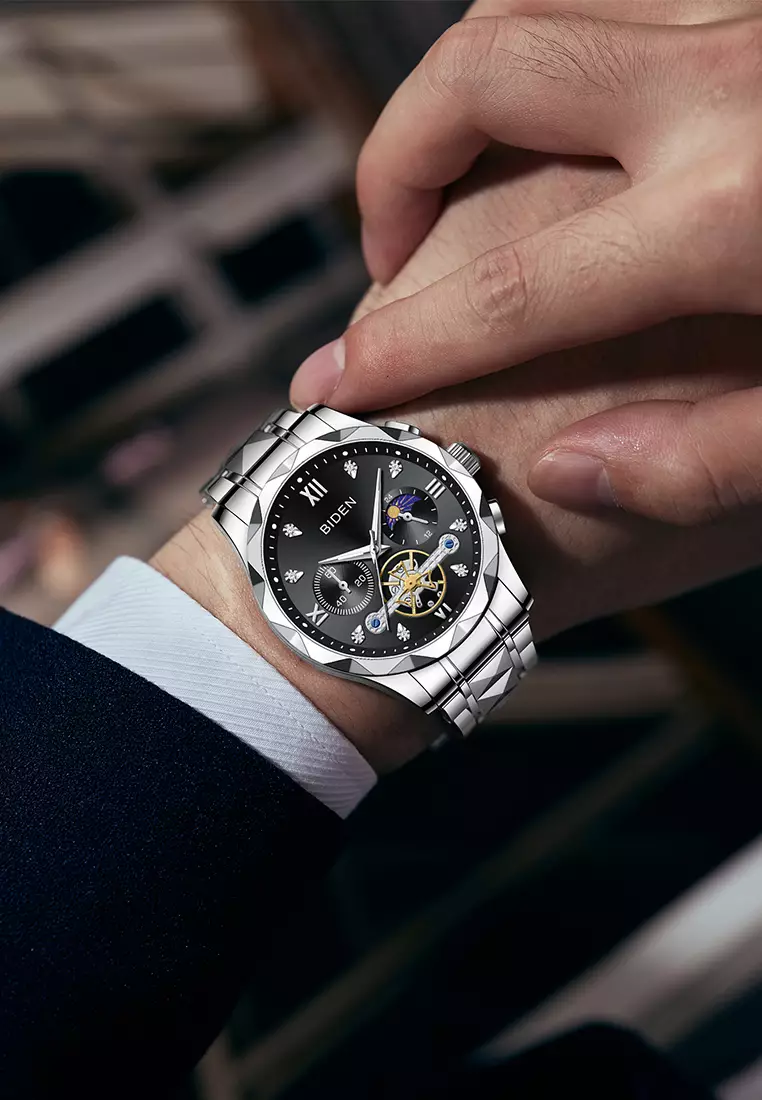 Jam Tangan Pria Multifungsi Mewah Tali Stainless Steel Anti Air Jam Tangan Cowok silverblack