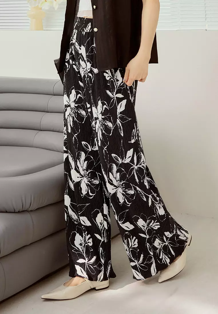 Floral Print Pleated Elasticated Trousers [BA7911]