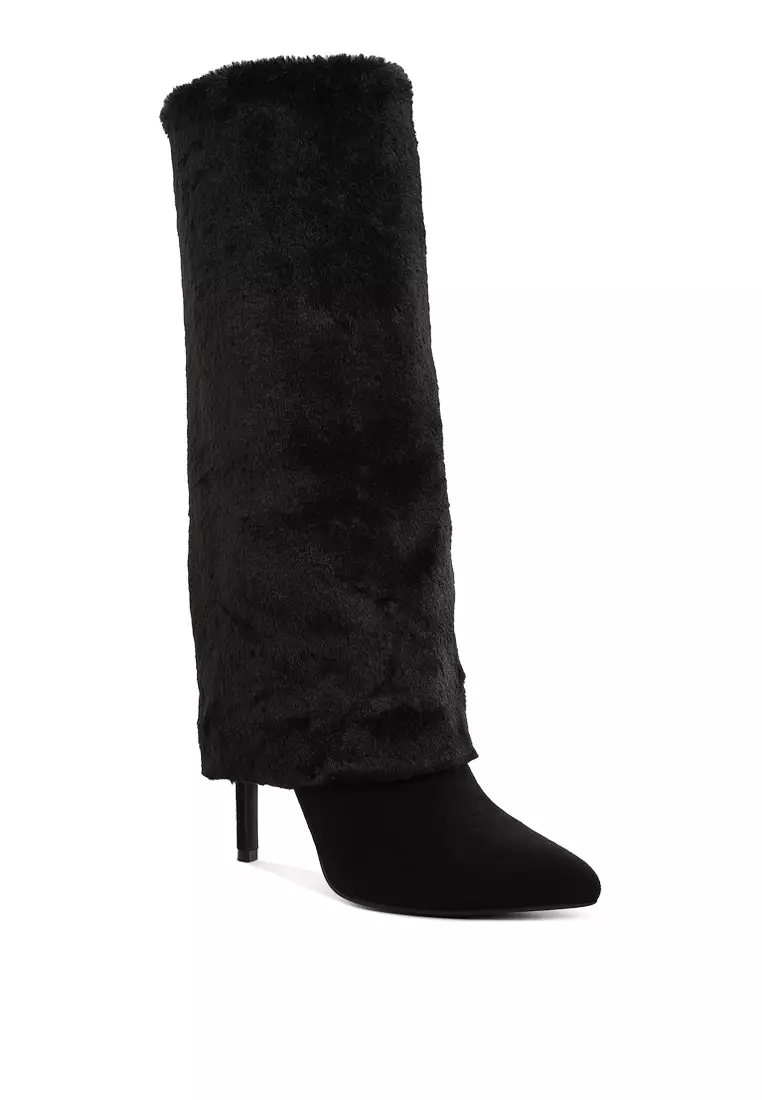 Fold-Over Calf-High Boots in Black
