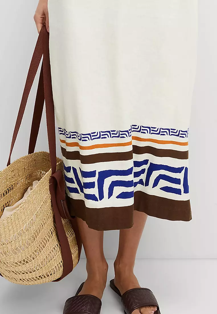 Linen Rich Printed V-Neck Midi Shift Dress